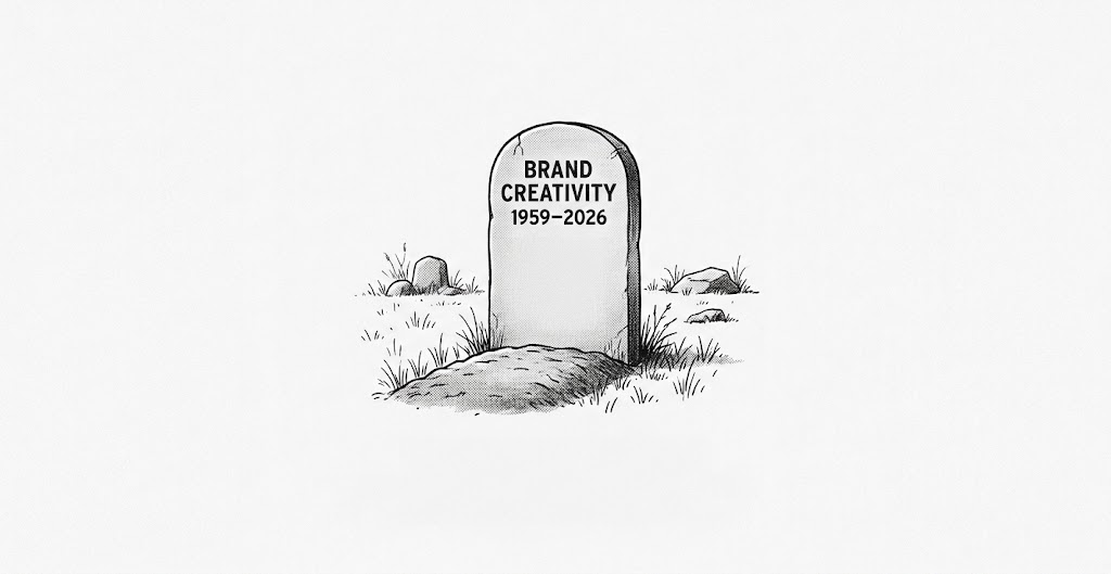 Pen-and-ink illustration of a tombstone reading Brand Creativity, 1959–2026, beside a freshly filled grave